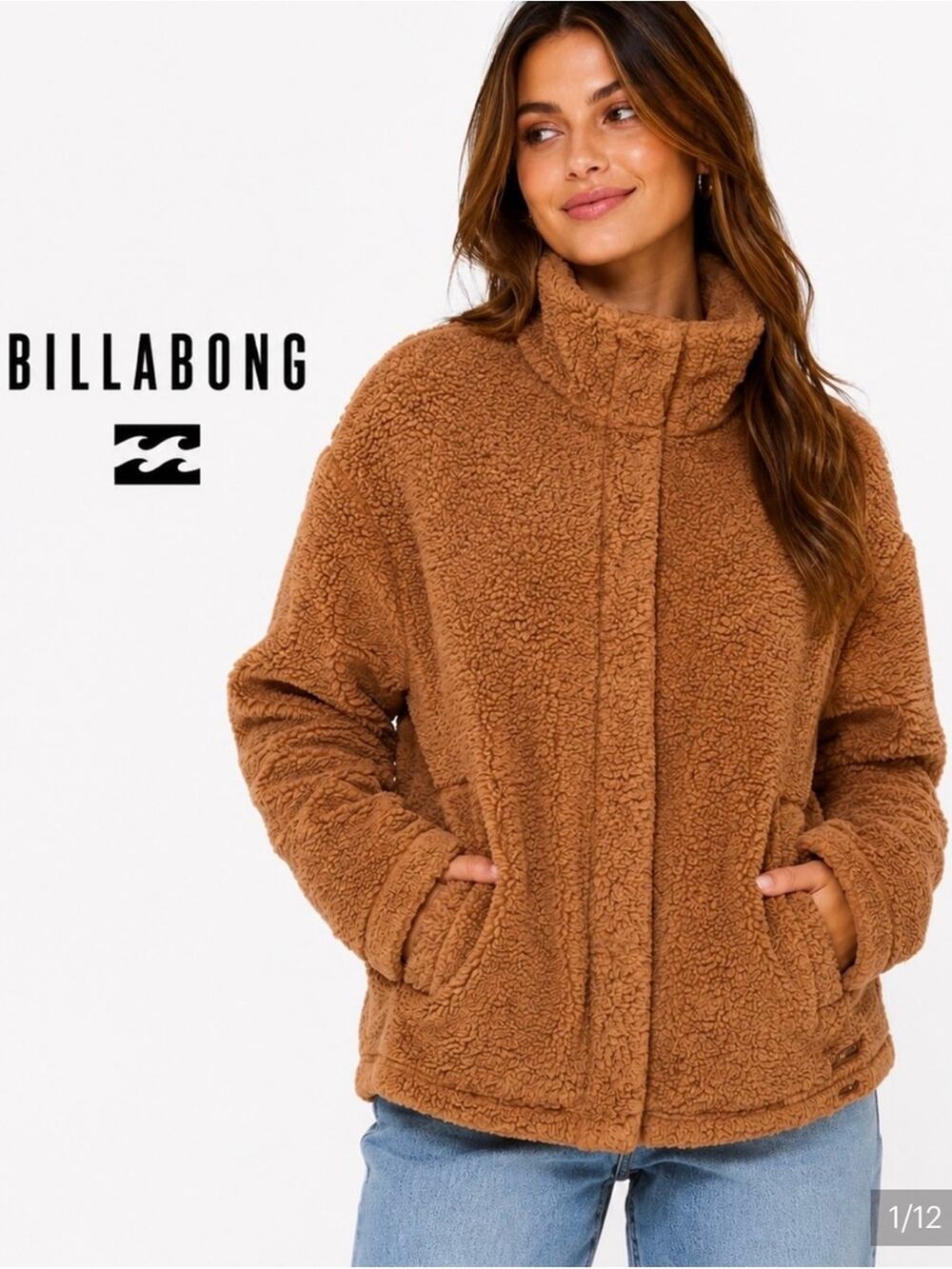 Billabong Camel. plush sherpa teddy snap front mock neck cozy winter coat sz L